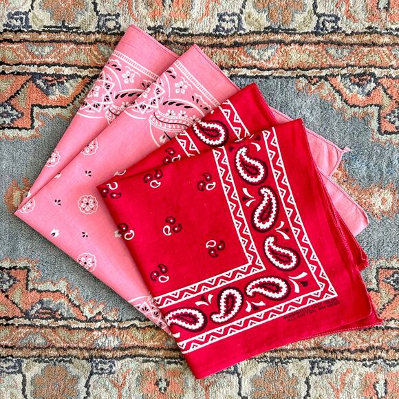 Vintage Set of Two '60s Selvage Side Western Pink Red USA Made Bandanas - Picture 1 of 14